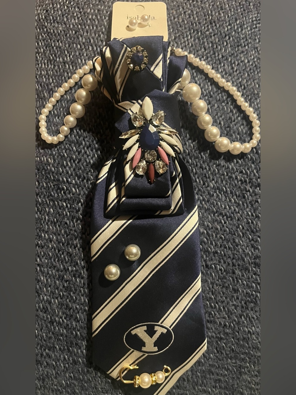 Navy & Cream Striped Tie Accessory with Pearl & Jewel Accents